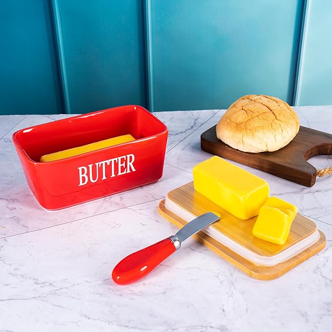 Red Butter Dish with Lid for Countertop, Large Ceramic Covered Butter Stick Holder Container for Fridge