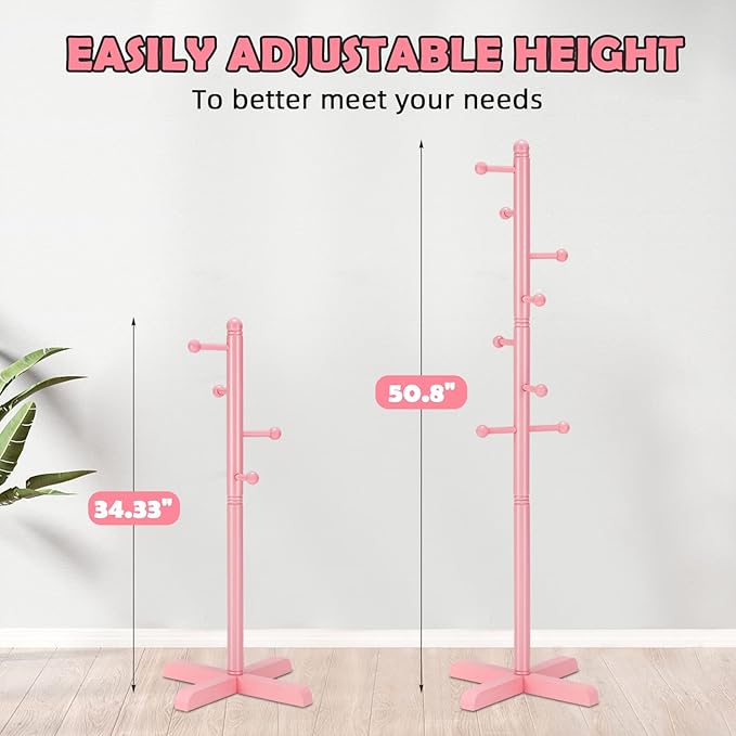 Kids Coat Rack, Freestanding Coat Racks with 8 Hooks 2 Adjustable Height, Tree Coat Rack for Bedroom, Hallway, Entrance, Office, Hats, Handbags,Purse (Pink)