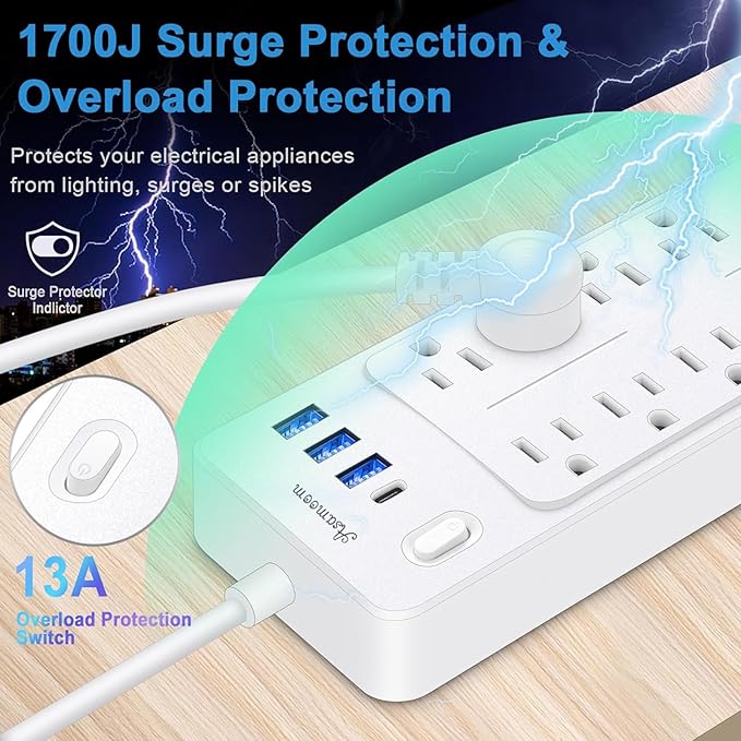 20FT Power Strips with Surge Protection 1625W/13A, 10 Outlets with 4 USB Ports (1 USB C) Long Extension Cord with Multiple Outlets 14-in-1 1700J 16Awg Flat Plug Power Strip Protector White ETL Listed