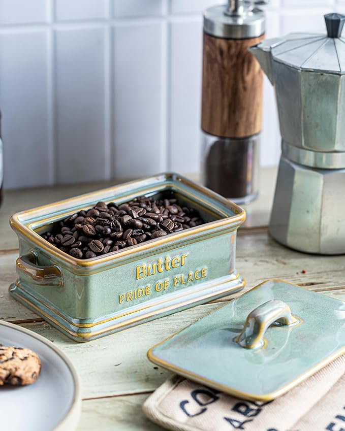 Butter Dish with Lid, Ceramic Butter Holder Container Large Butter Dish for Countertop Farmhouse Decor for Thanksgiving, Christmas Butter Keeper for East West Coast Butter, Green
