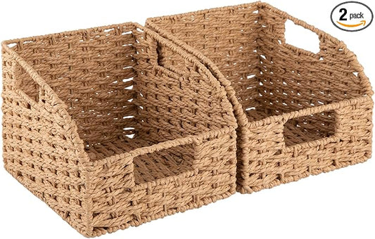 OIAHOMY Pantry Baskets for Organizing, Paper Rope Baskets with Built-in Handles, Wicker Storage Bins for Shelves, 2 Pack-Yellow