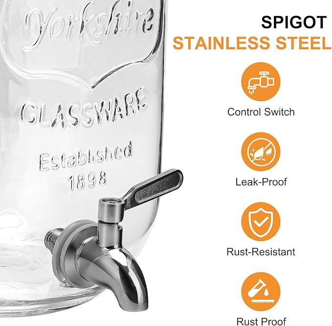 2 Gallon Glass Beverage Dispenser with Lid, Stainless Steel Spigot, Glass Drink Dispensers for Parties, Lemonade Dispenser With Ice Cylinder for Weddings, Party,Sun Tea Jar, Water Juice Dispensers