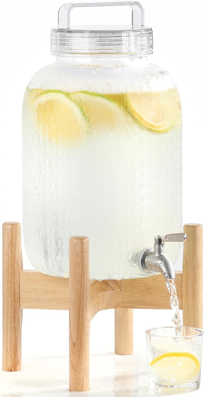 EGGKITPO 2.2 Gallon Drink Dispensers with 304 Stainless Steel Spigot for Parties Lemonade Dispenser with Wood Bracket Clear Cover Polycarbonate Beverage Dispenser for Home Use