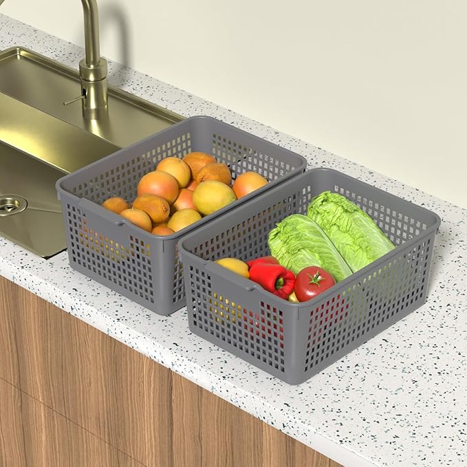 Sandmovie 12-Pack Plastic Storage Basket Desktop Organizer, Large Storage Baskets, Gray