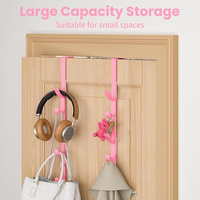 Over The Door Hooks, Metal Door Hooks for Hanging, Over The Door Purse Organizer for Door Coat Hanger, Back of Shower for Hanging Towel Rack Clothes, Hat, Bathroom, Closet (Pink-2Packs)