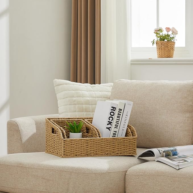 Wicker Baskets for Organizing,Pantry, Kitchen Counter with Handles, Handwoven Woven Storage Baskets for Fruit, Bread, Vegetable, Paper Storage Bins for Shelves, 3 Pack, Natural