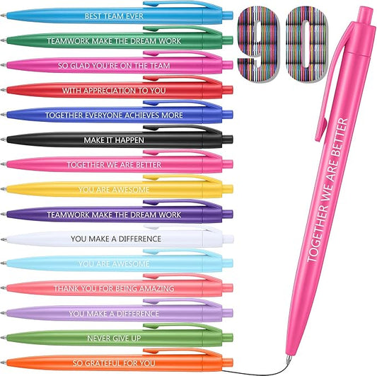 90 Pcs Ballpoint Team Building Pen Inspirational Quotes Black Gel Ink Pens Bulk for Appreciation Coworkers Employee Retractable Rolling Ballpoint Pens for Party Favor Gifts Supplies (Team)