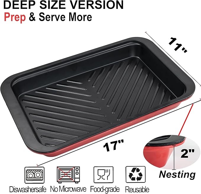 Deep Grilling and Prep Serving Tray, BBQ Trays for Raw and Cooked Food, Melamine Serving Trays for Food, Set of 2, Black and Red