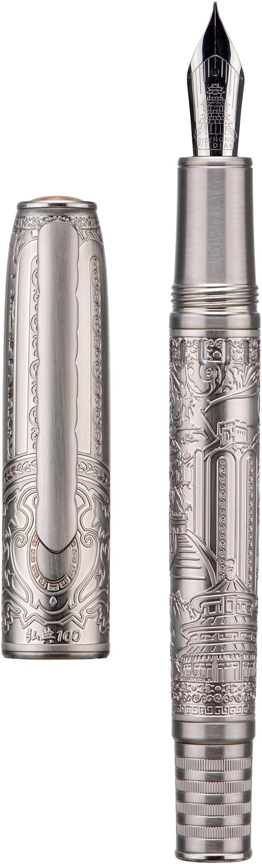 Hongdian 100 Silver Steel Piston Fountain Pen, Iridium Long Blade Fine Nib Calligraphy, Smooth Writing Pens, Nice Writing Pen for Men & Women