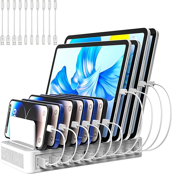Charging Station for Multiple Devices, 100W 10 Ports Charging Dock with 10 Cables Smart IC Tech and Adjustable Dividers Type-C，Multi USB Charger for iPhone Galaxy iPad Tablet，White