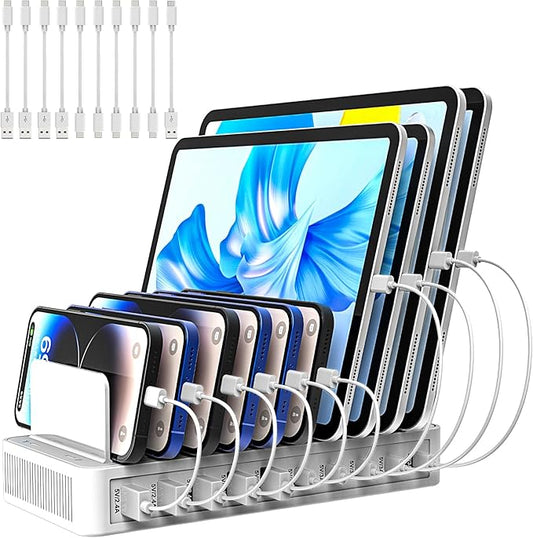 Charging Station for Multiple Devices, 100W 10 Ports Charging Dock with 10 Cables Smart IC Tech and Adjustable Dividers Type-C，Multi USB Charger for iPhone Galaxy iPad Tablet，White