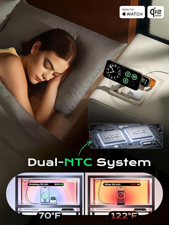 THREEKEY 3 in 1 iPhone 17 Charging Station,MagSafe Charger Compatible, Qi2 25W MFi Certified Wireless Charger Stand for iPhone 17/16/15/14/13/12, Apple Watch, AirPods(45W Adapter Included)