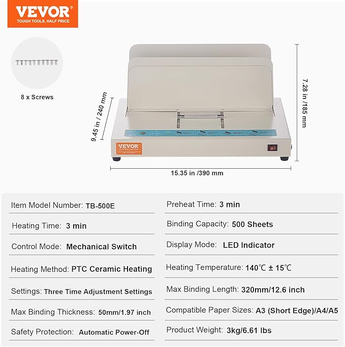 VEVOR Thermal Binding Machine, 500 Sheets Capacity Book Binding Machine, Thermal Book Binder 50mm Binding Thickness A3(Short Edge)/A4/A5 Document, with Infrared Optical Detection