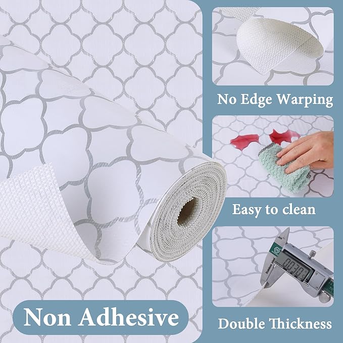 Shelf Liners for Kitchen Cabinets 17in x 30FT Non Adhesive Drawer Liner Silver Quatrefoil Shelf Liner Paper Strong Non-Slip Easy to Clean for Tool Box Refrigerator with Knife and Tape Measure