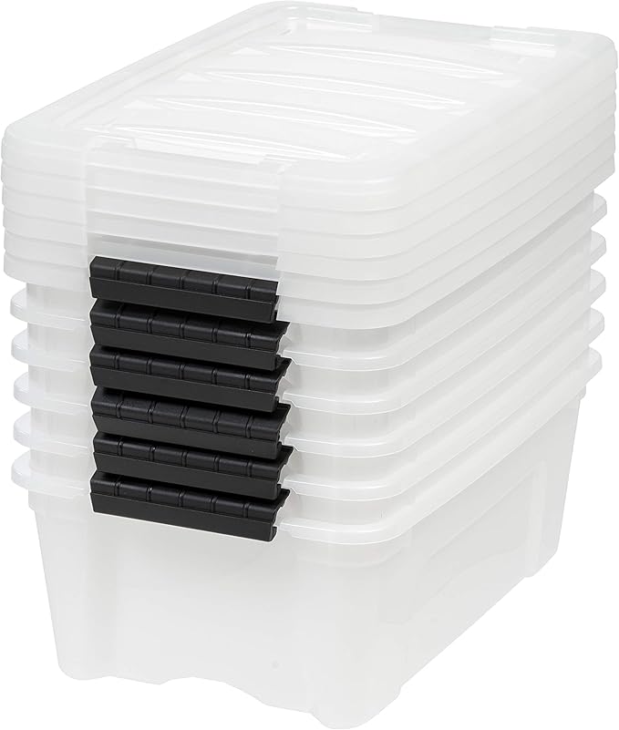 IRIS USA 13 QT Plastic Storage Box with Lid and Latches - 6 Pack - BPA-Free, Discreet Organizing Solution, Durable Nestable Stackable Containers, Secure Pull Handle - Pearl
