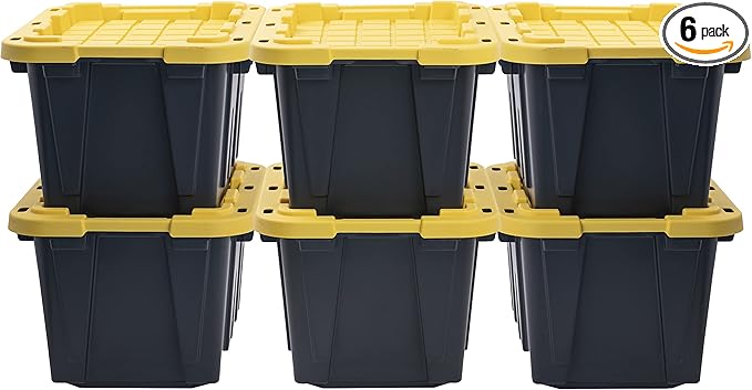 CX BLACK & YELLOW, 12-Gallon Heavy Duty Tough Storage Container & Snap-Tight Lid, (12.51H x 16.3W x 21.8D), Weather-Resistant Design and Stackable Organization Tote [6 Pack]