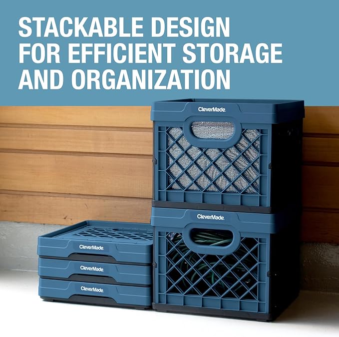 CleverMade Collapsible Milk Crate, Black, 3PK - 25L (6 Gal) Stackable Storage Bins, Holds 50lbs Per Bin - Clevercrates are Heavy Duty, Plastic Collapsible Storage Crate for Multi Purposes