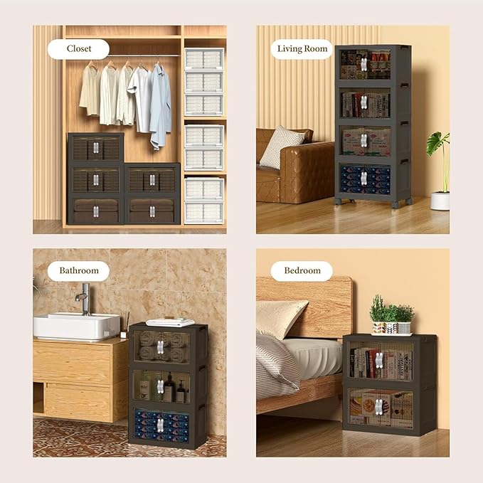 Stackable Storage Bins, Plastic Collapsible Storage Bins with Lid and Wheels, Folding Closet Organizer Clear Doors, Foldable Cabinet Storage Boxes for Home, Pantry, Office (M, Gray 2-Tier)