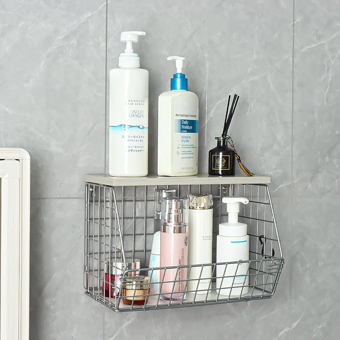 2pcs Silver Fruit Basket, Stackable Wall Mounted Pantry Organizers and Storage Basket with Wood Lid Top - Kitchen Hanging Wire Basket for Storage Bread, Cans, Snack, Fruit, Vegetable