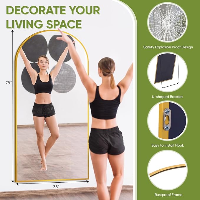 Full-Length Floor Mirror with Stand, 78"x38" Arched Style Full Body Standing Mirror for Bedroom, Living Room, Gym, Dorm - Shatter-Resistant & Easy Assembly, Gold