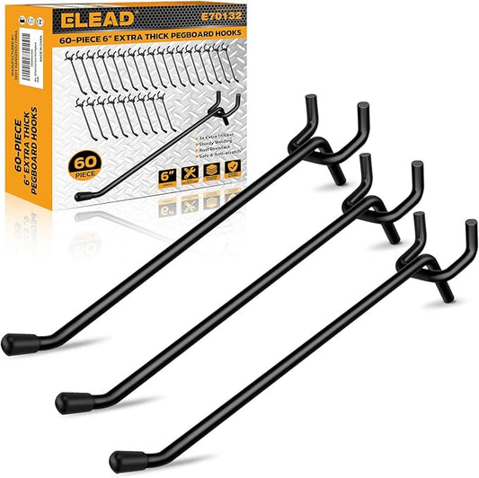 ELEAD 60-Piece 6 Inch Extra Thick Pegboard Hooks, Heavy Duty Peg Board Organizer Accessories, Peg Board Tool Hangers Fit for 1/4" Pegboard Hanging Tools Garage, Workshop, and Craft Storage