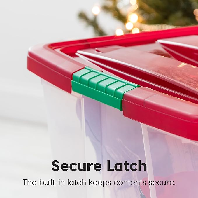 IRIS USA 94 Qt. Stackable Plastic Storage Bins with Lids, 2 Pack - BPA-Free, See-Through Organizing Solution, Latches, Durable Nestable Containers, Secure Pull Handle, Made in USA - Red