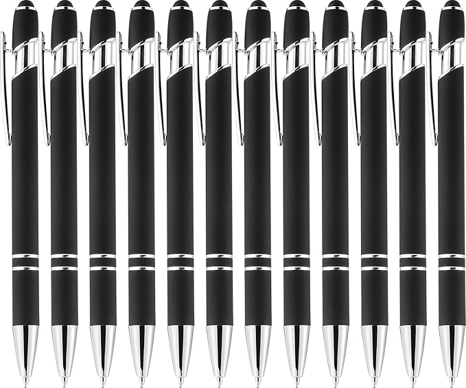 LINFANC 12 Pack Black Silver Ballpoint Pen with Stylus Tip, 1.0 mm Black Ink Smooth Writing Pens, Metal Stylus Pens for Touch Screens