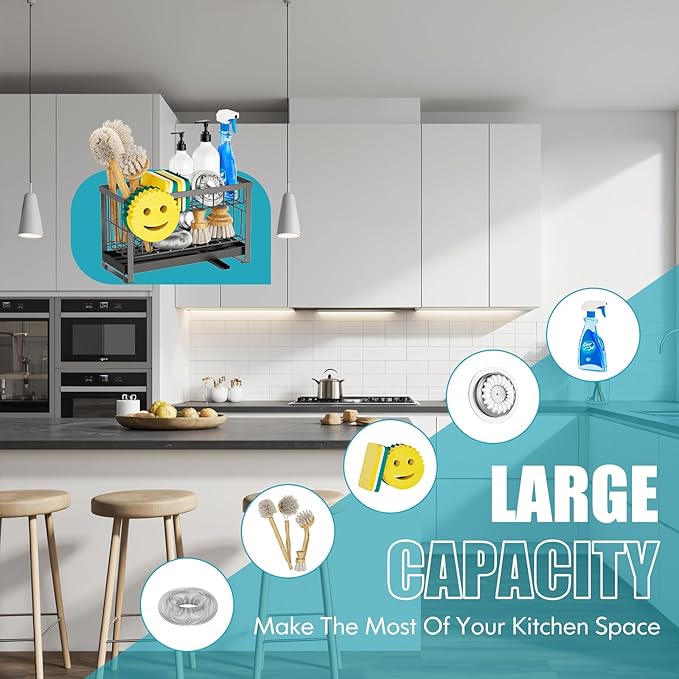 Sponge Holder for Kitchen Sink with Flexible Sponge Holder Smiley Face,2 Tier Kitchen Sink Organizer Countertop and Storage Essentials,Soap Dispenser Organize,Home Decor Accessories-Gray