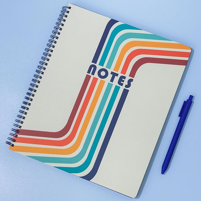 Steel Mill & Co Cute Large Spiral Notebook College Ruled, 11" x 9.5" with Durable Hardcover and 160 Lined Pages (Retro Stripe)