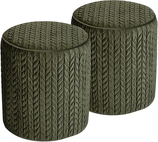 Modern Round Ottoman 2Pcs, Braided-Tufted Foot Stool Ottoman, Velvet Upholstered Vanity Stool for Makeup, Bedroom, Living Room, Dark Green