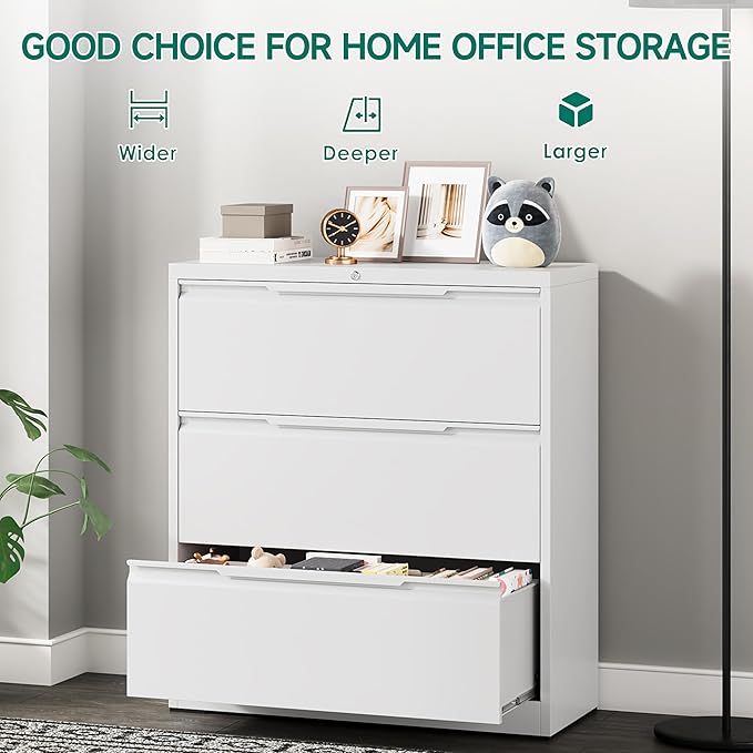 Filing Cabinet with Lock,Lateral File Cabinets 3 Drawer Metal Wide Filing Organization,Home Office School Furniture for Hanging Files Letter/Legal/F4/A4 Size - White