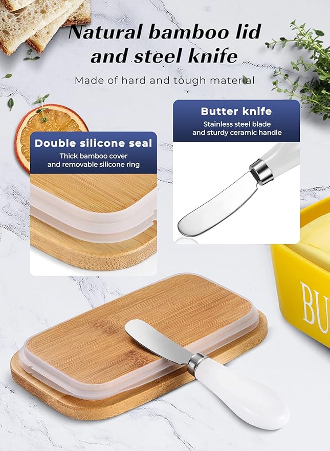 Large Butter Dish With Lid - Ceramic Container for Countertop, Holder With Knife and Sponge Scrubber, Perfect for 2 Sticks, Yellow