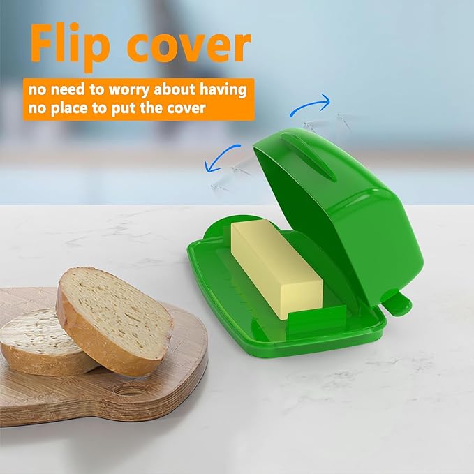 Butter Dishes with Lid for Countertop Refrigerator, Plastic Butter Dish Clear Flip Top Lid Butter Container with Spreader, Non-Slip Bottom Butter Holder Keeper (Green)