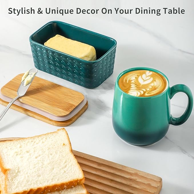 Hasense Ceramic Butter Dish with Lid, Large Butter Container for Countertop Airtight Butter Stick Covered Keeper, Embossed Pattern,Easy Clean Dishwasher Safe, Green