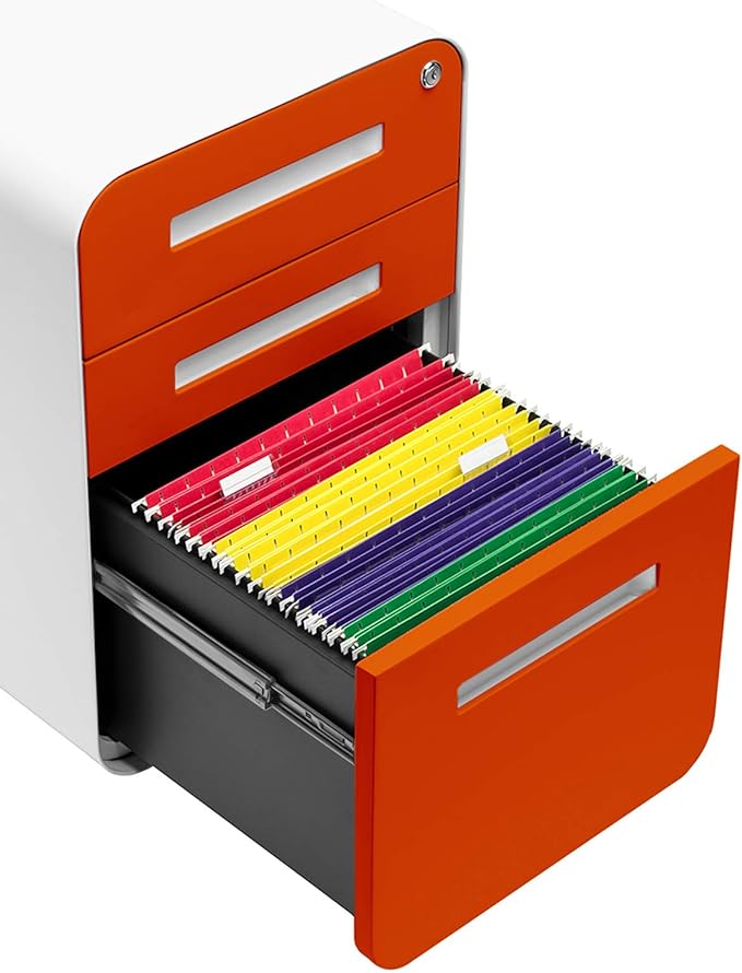 Laura Davidson Furniture Stockpile 3 Drawer File Cabinet with Lock - Under Office Desk Metal Filing Cabinet, Legal/Letter File Folders, Wheels and Stationary Feet, Pre-Assembled, Orange Faceplate