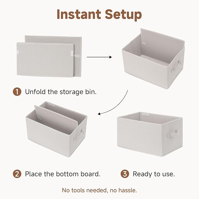 StorageWorks Storage Baskets for Shelves, Foldable Fabric Closet Storage Bins with Handles, Fabric Storage Bins Clothes Organizer, Beige Stripes, 3-Pack, Large