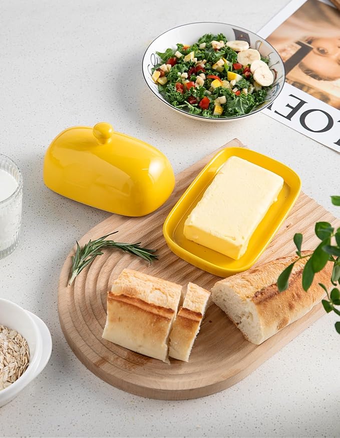 Sweejar Ceramic Butter Dish with Lid for Countertop,Porcelain Butter Keeper with Knob Handle,Butter Container for East/West Coast Butter, 7 inches (Yellow)