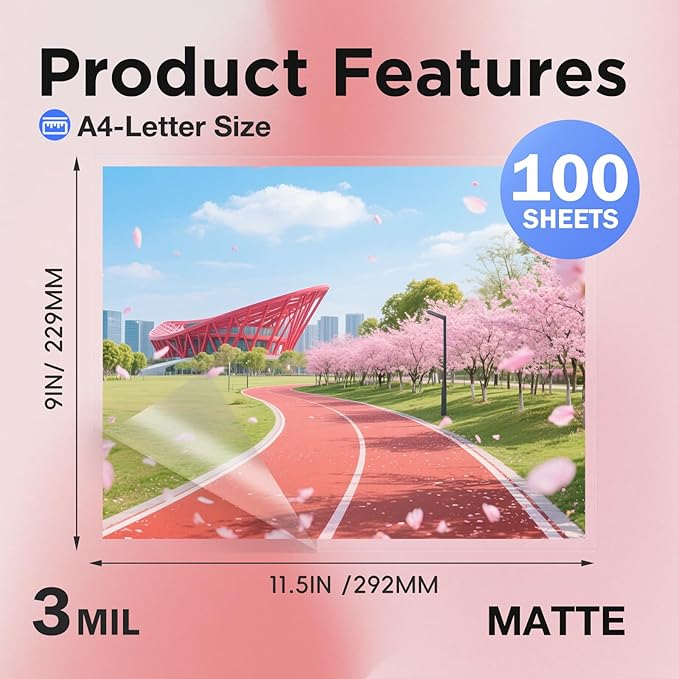 Matte Laminating Sheets 9 x 11.5 Inches, 3 Mil Thick, 100 Pack,Clear Anti-Glare 8.5 x 11 Matte Thermal Laminating Pouches for Letter Size (100)