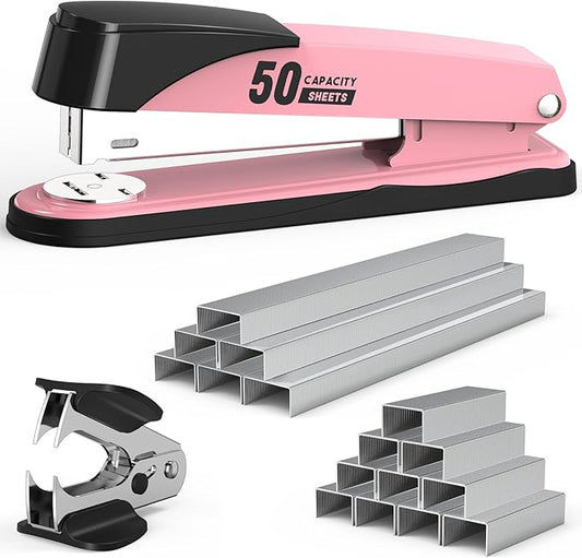 Metal Stapler Heavy Duty 50 Sheet Capacity with 1750 Staples and Staple Remover, Full Strip Staplers for Desk, No Jam, Non-Slip for Office & Classroom, Pink