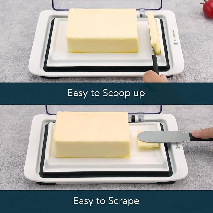 KITCHENDAO Airtight Flip-Top Butter Dish with Lid for Countertop and Refrigerator, Butter Keeper, Plastic Butter Holder Tray for 2 Sticks East Coast/West Coast/European Style/ Kerrygold Butter