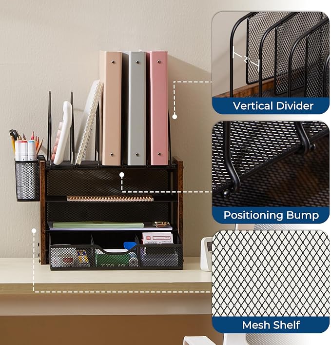 Y YOMA Mesh Desk Organizer with Drawer, 4-Tier Wood Desktop Organizer with 5 Vertical File Holders and 2 Pen Holders Office Desk Accessories for Home Dorm Classroom