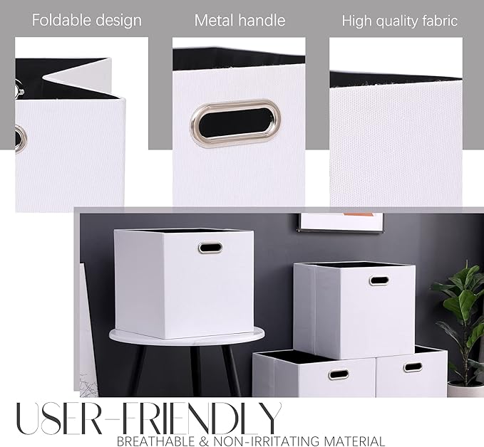 Cube Storage Bins 13×13 Polyester Foldable Box with Handles, Collapsible Organization Basket Set of 4 Large Capacity Drawer for Closet Shelf Cabinet Bookcase Bedroom, White