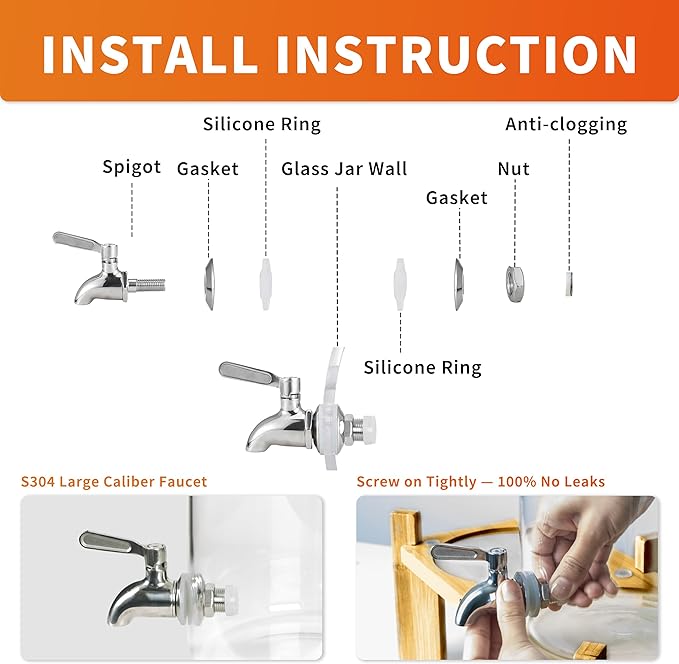 L'ÉPICÉA 1.5 Gallon Drink Dispenser for Parties 2 PCS, Beverage Dispenser Set of 2, Glass Drink Dispensers with Wood Stand, Large Drink Dispenser with Stainless Steel Spigot 100% Leakproof, Wood Lid.