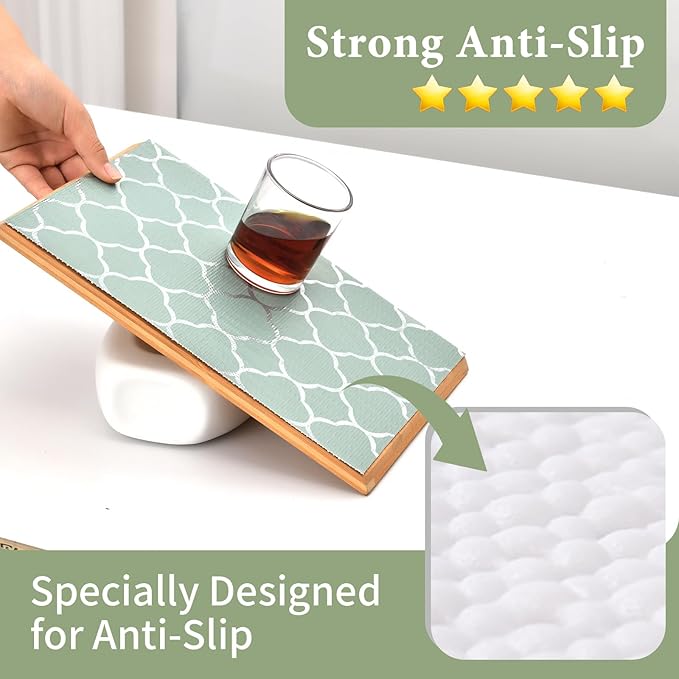 Shelf Liners for Kitchen Cabinets Non Adhesive Drawer Liner 12in x 30FT Light Green Quatrefoil Thickened Shelf Liner Strong Non-Slip Easy to Clean for Tool Box Refrigerator with Knife and Tape Measure