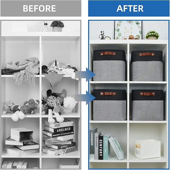 Temary Storage Baskets Fabric Storage Cubes 4 Pack Basket for Organizing, Collapsible Cloth Baskets with Handles for Shelves, Closet (Black&Gray)