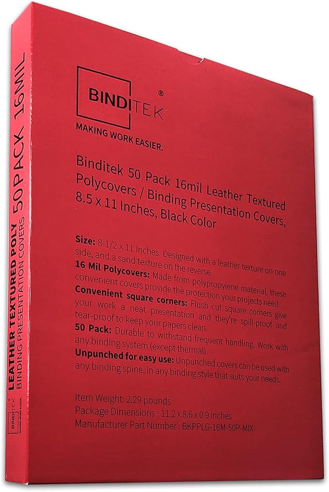 Binditek 50 Pack 16 Mil Leather-Textured Heavyduty Polycovers, Plastic Binding Presentation Covers, Letter Size, 8-1/2 x 11, Unpunched, Square Corners, Black