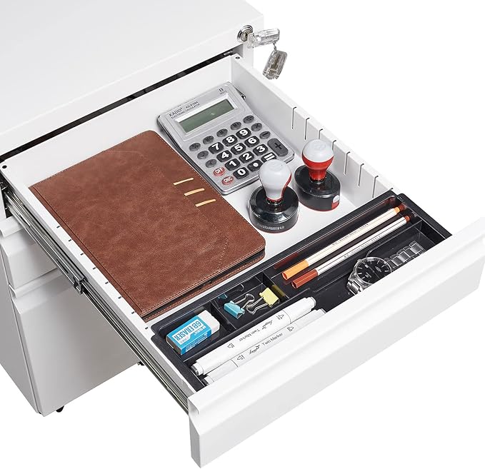 3-Drawer Lockable Mobile File Cabinet – Metal A4/Letter/Legal Size Storage for Home/Office, Space-Saving Under-Desk Cabinet with Wheels[Installation Required] (White-B)