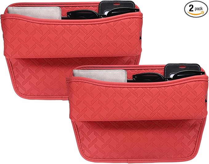 HARFINGTON 2pcs Car Seat Gap Filler Organizer 11.5 x 8 x 2.1 Inch Leather Universal Car Organizer Storage Box Between Seat and Console for Phone Sunglasses Keys, Red