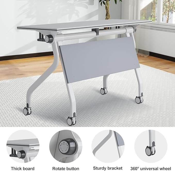 Conference Table, Folding Conference Desk Modern White, Seminar Table with Wheels, 2-10 People for Office, Meeting Break Room(6, 1606YH, 55IN)