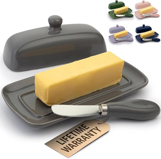 Zulay Butter Dish With Lid For Countertop - Porcelain White, Ceramic Butter Dish with Knob Handle Great for Cooking - Elegant Design Butter Holder - Durable & Sturdy Butter Keeper - Gray